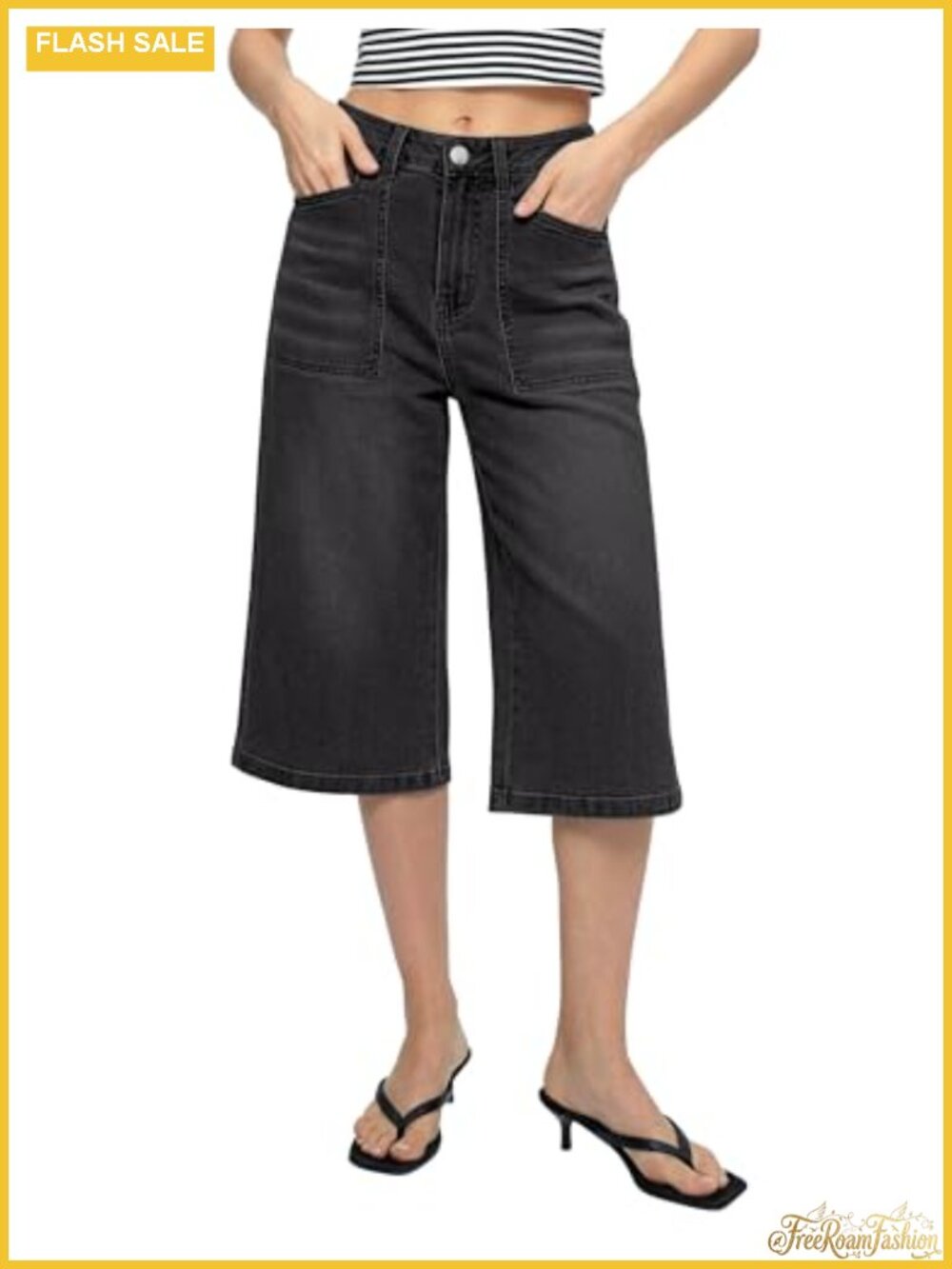 Women Capri Jeans Wide Leg High Waisted Stretchy Denim Culottes with Pockets